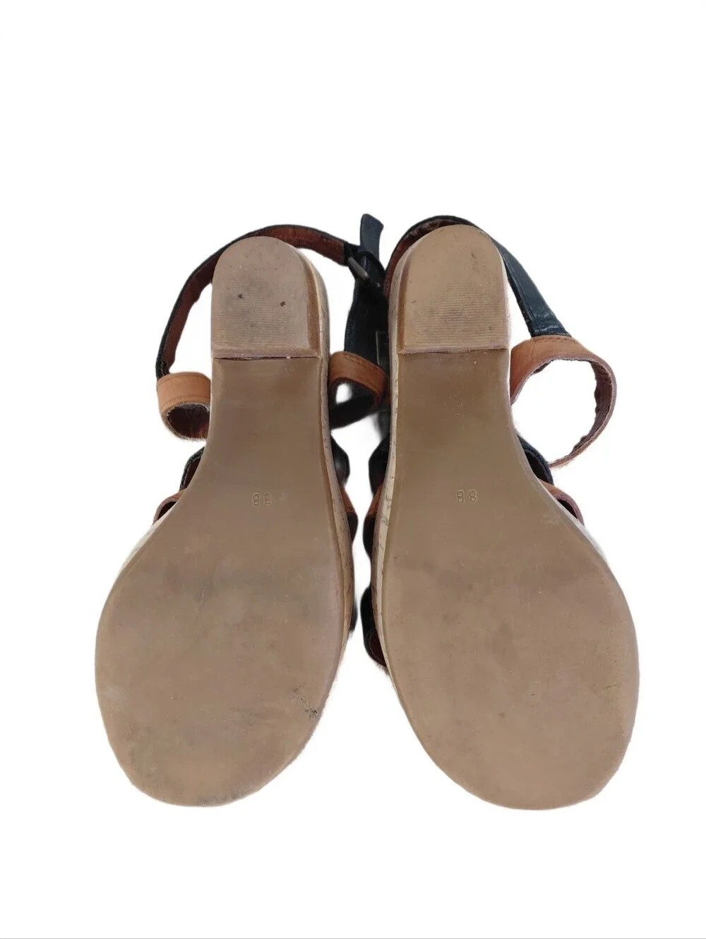 Anthropologie Black and Brown Strappy Platform Cork Wedge Sandals Size 8 B
